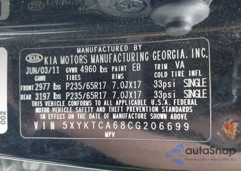 2012 Kia Sorento Lx from USA, damaged, VIN 5XYKTCA68CG206699